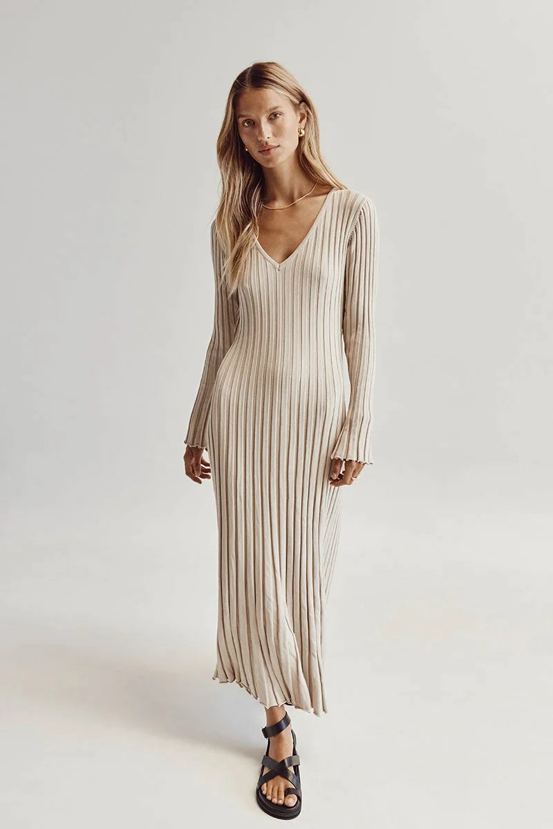 V-NECK SLEEVED KNIT MIDI DRESS