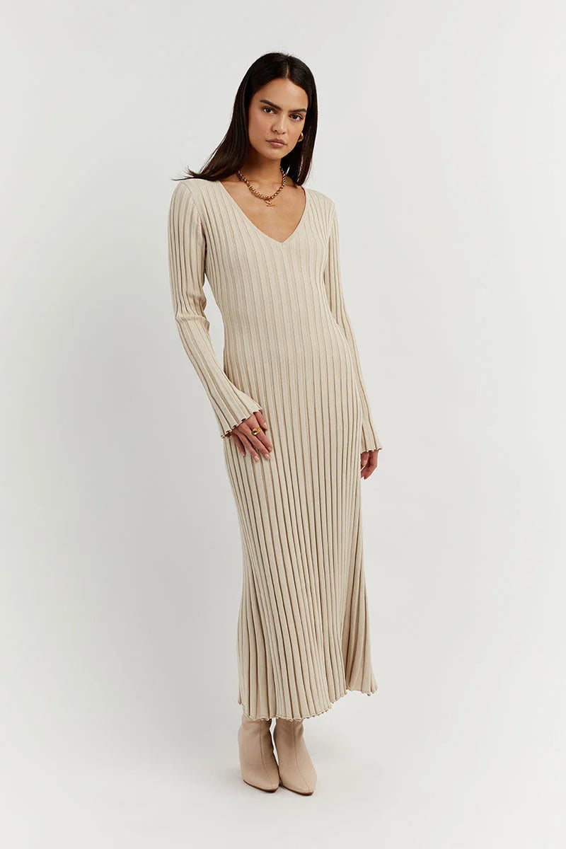 V-NECK SLEEVED KNIT MIDI DRESS
