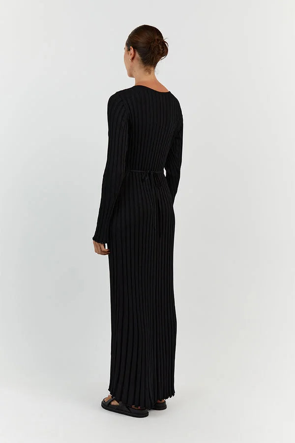 V-NECK SLEEVED KNIT MIDI DRESS