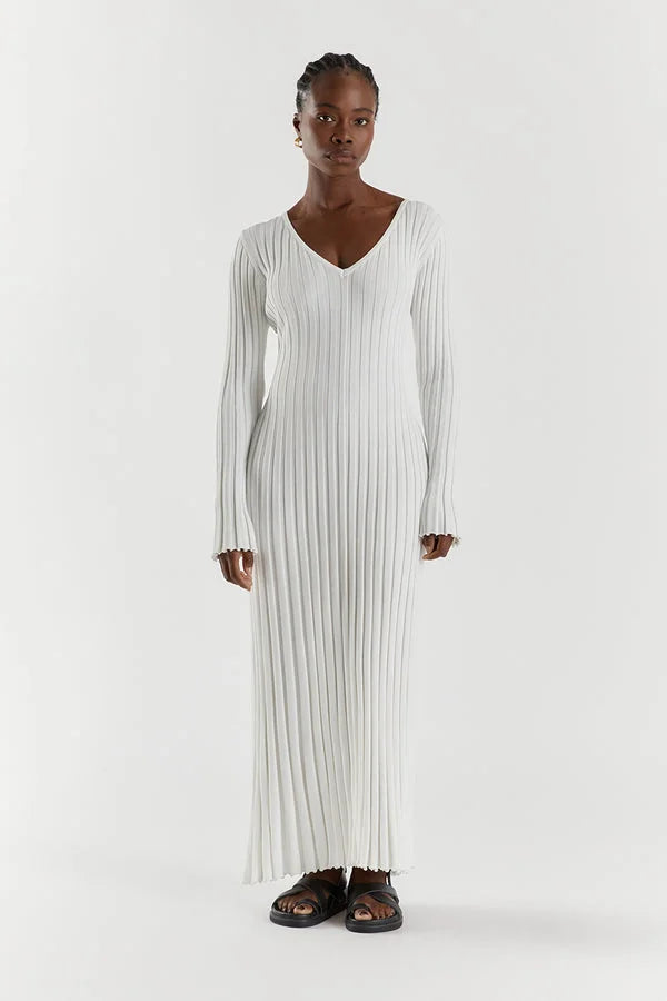 V-NECK SLEEVED KNIT MIDI DRESS