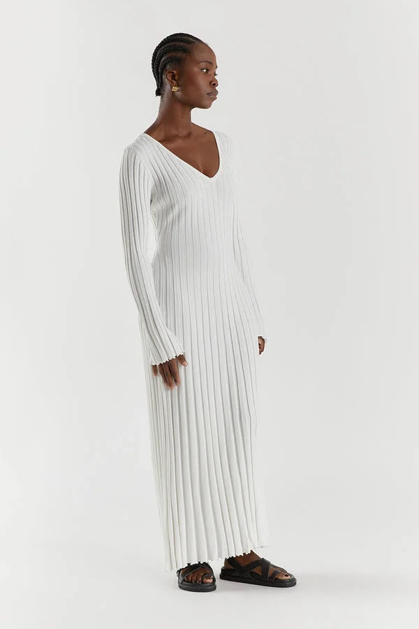V-NECK SLEEVED KNIT MIDI DRESS