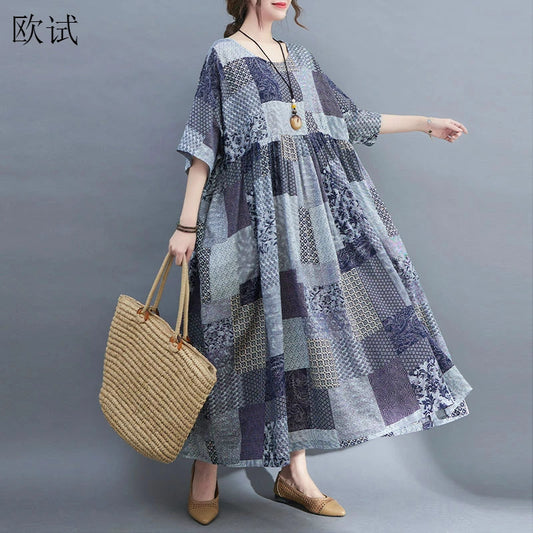 Oversized Vintage Plaid Patchwork Dress for Women
