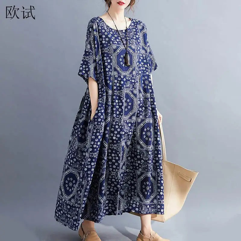 Oversized Vintage Casual Geometric Print Casual Sun Dress