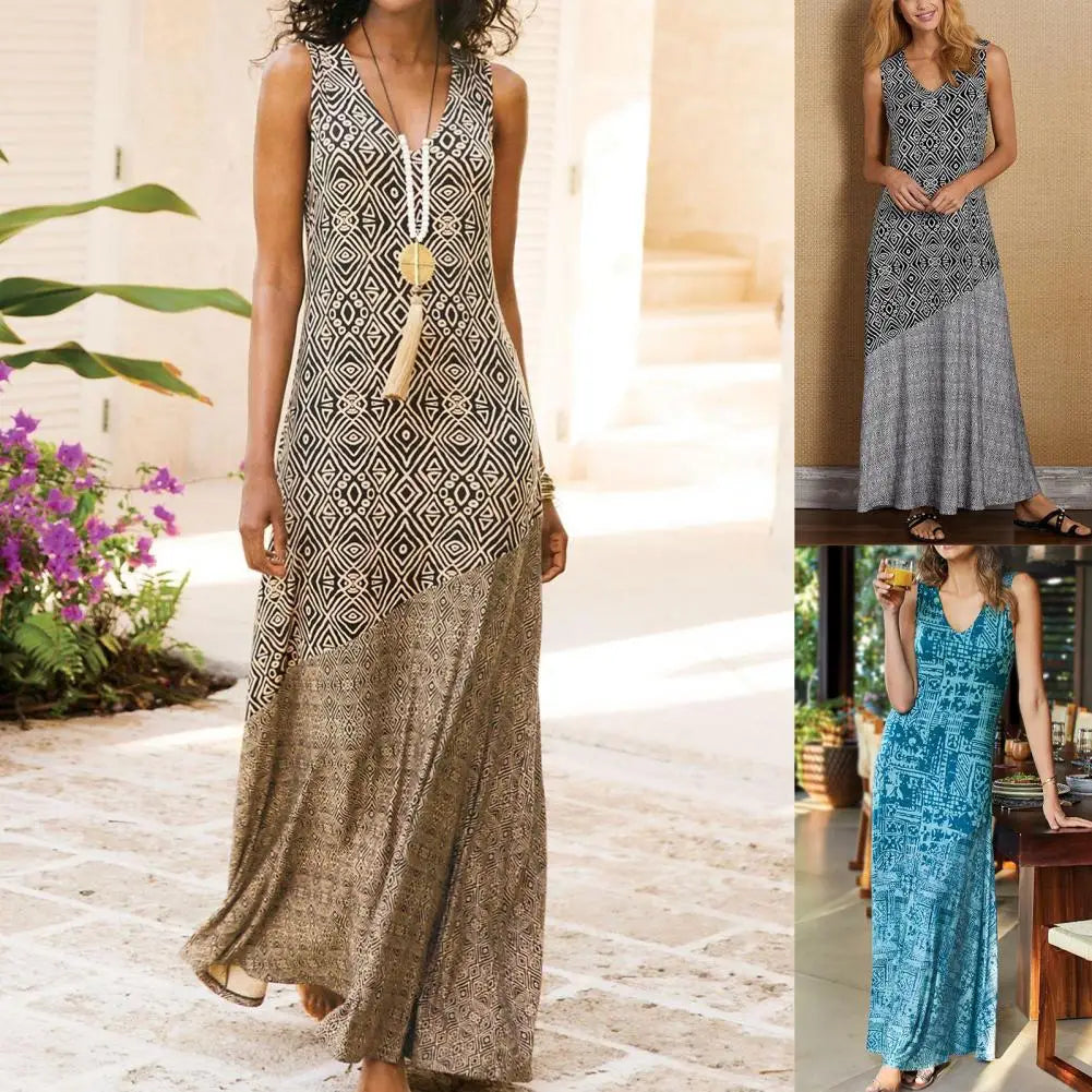 Women Loose Dress Geometric Print V Neck Sleeveless Beach Dress