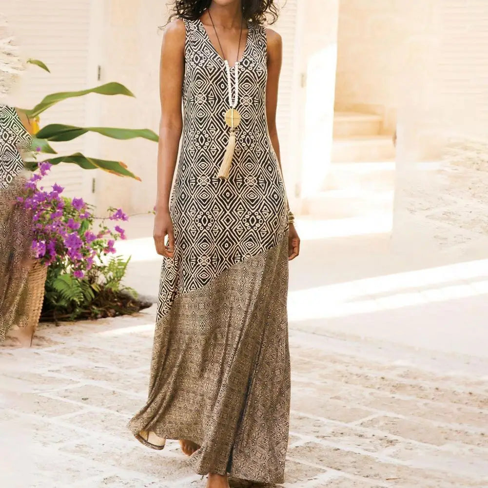 Women Loose Dress Geometric Print V Neck Sleeveless Beach Dress