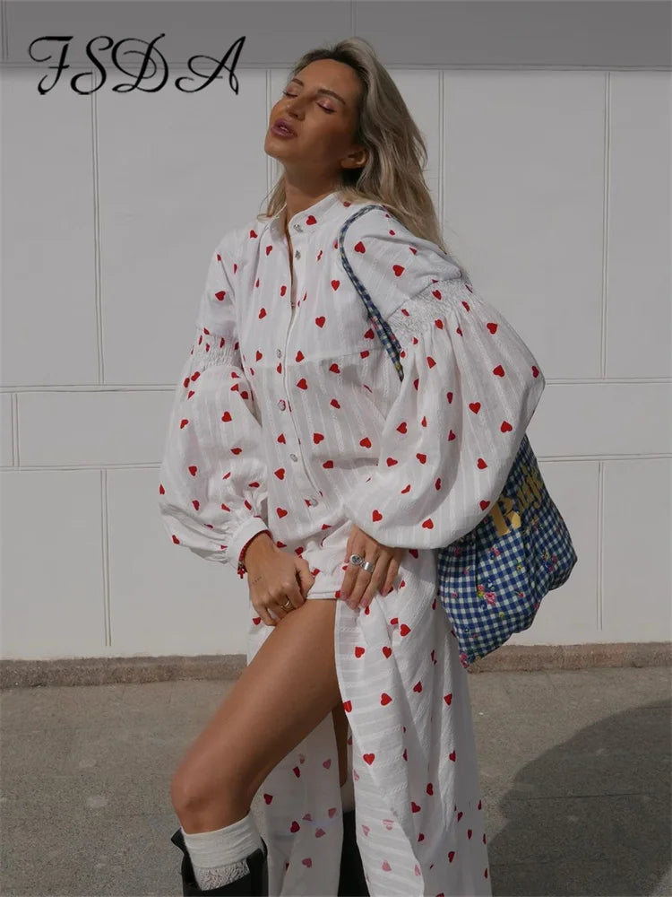 Heart Print Long Sleeve Dress Poofy Sleeves