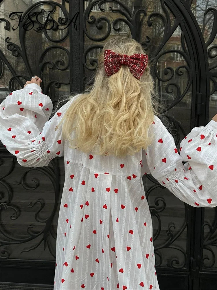 Heart Print Long Sleeve Dress Poofy Sleeves
