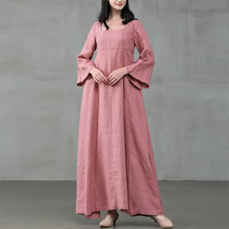 Vintage Loose Woman Long Dress Square Collar Flare Sleeve