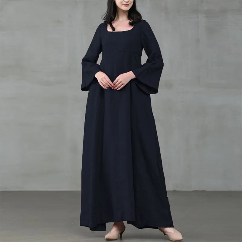 Vintage Loose Woman Long Dress Square Collar Flare Sleeve