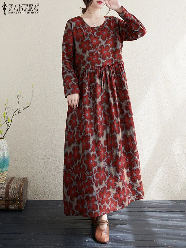 Women Vintage Floral Printed Loose Long Dress