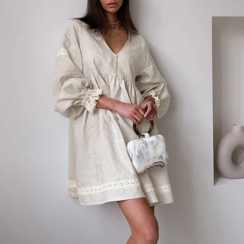 Summer French Style Dress Poofy Sleeves