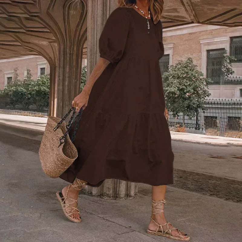 Summer Dress Vintage Lantern Sleeve Mid-Calf Sun Dress