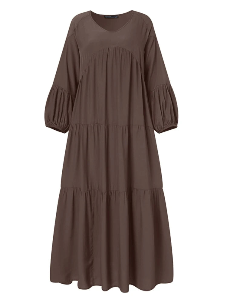 Vintage Ruffle Dress Women's Spring Sundress Casual Puff Sleeve Maxi
