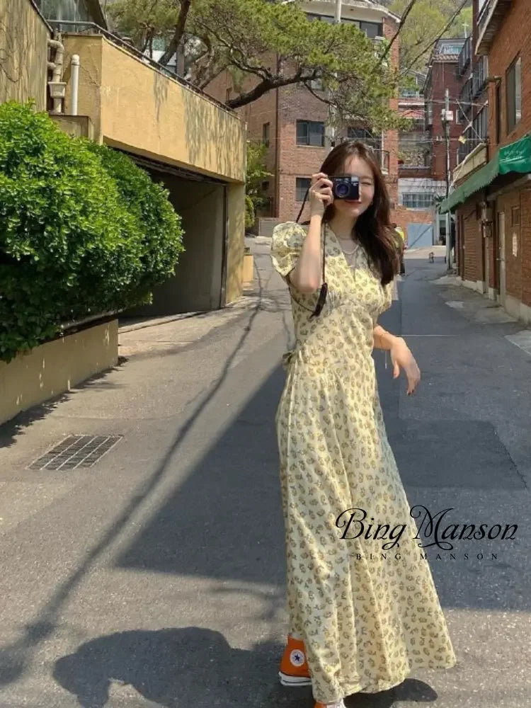 V-neck Print Long Dress High Waist Vintage Summer Dresses