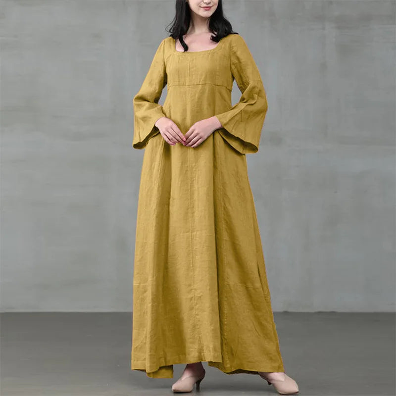 Vintage Loose Woman Long Dress Square Collar Flare Sleeve