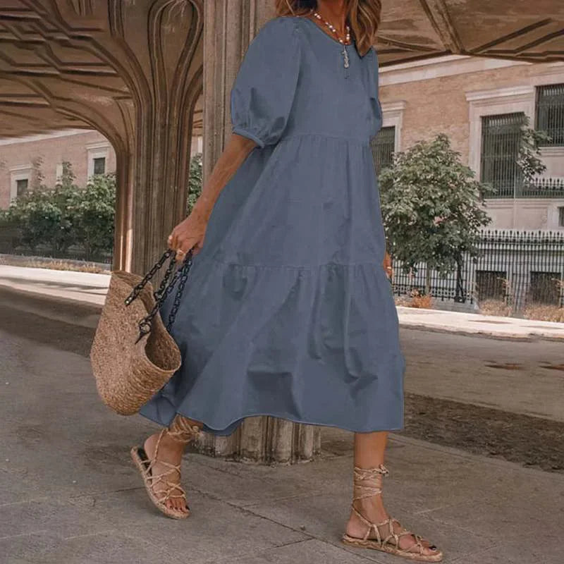 Summer Dress Vintage Lantern Sleeve Mid-Calf Sun Dress