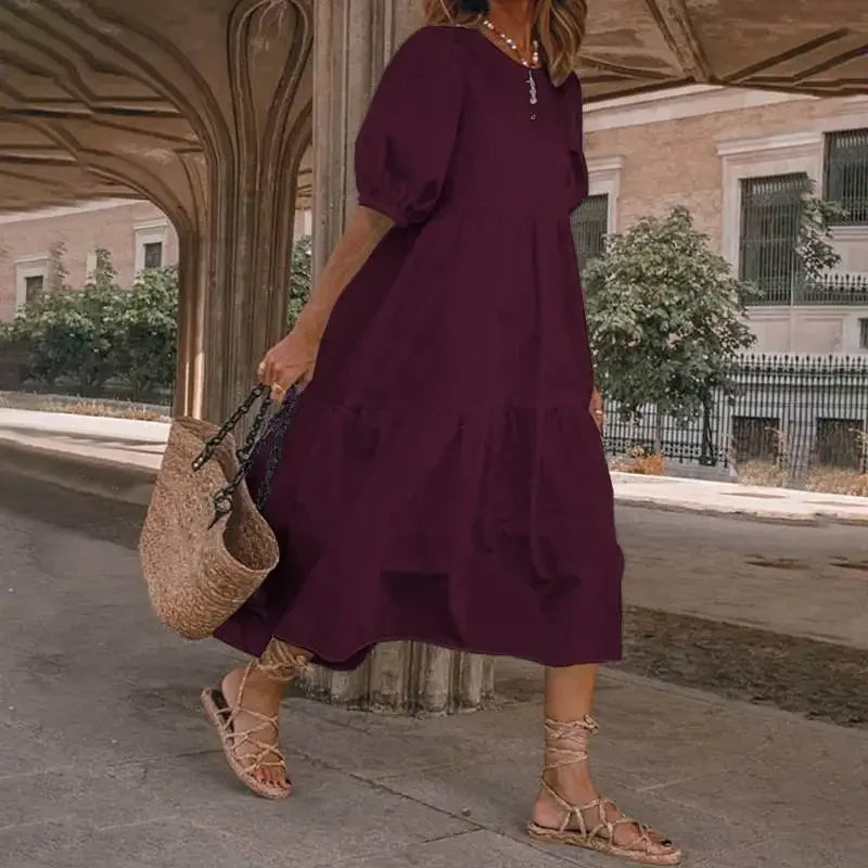 Summer Dress Vintage Lantern Sleeve Mid-Calf Sun Dress