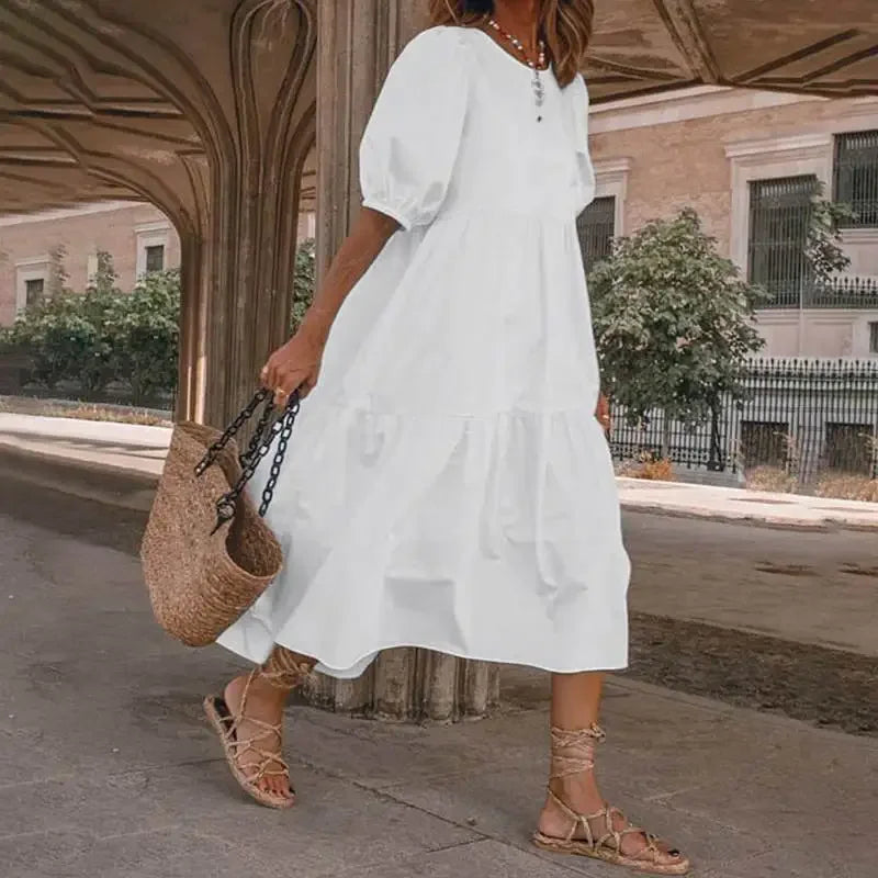 Summer Dress Vintage Lantern Sleeve Mid-Calf Sun Dress