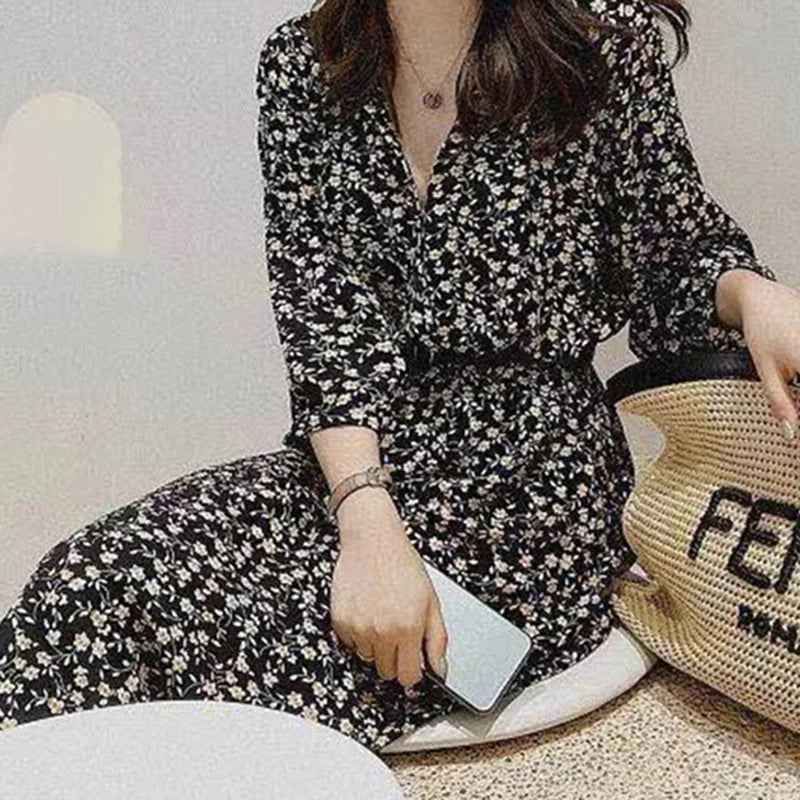 Vintage Long Floral Printed V-Neck Pockets Loose Belt Dress