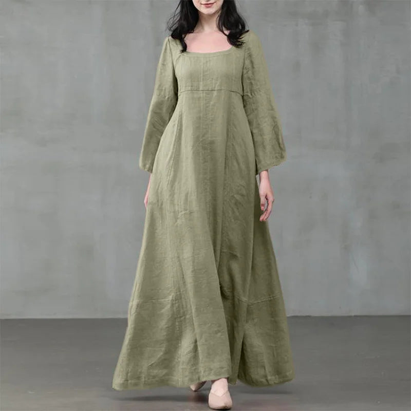 Vintage Loose Woman Long Dress Square Collar Flare Sleeve
