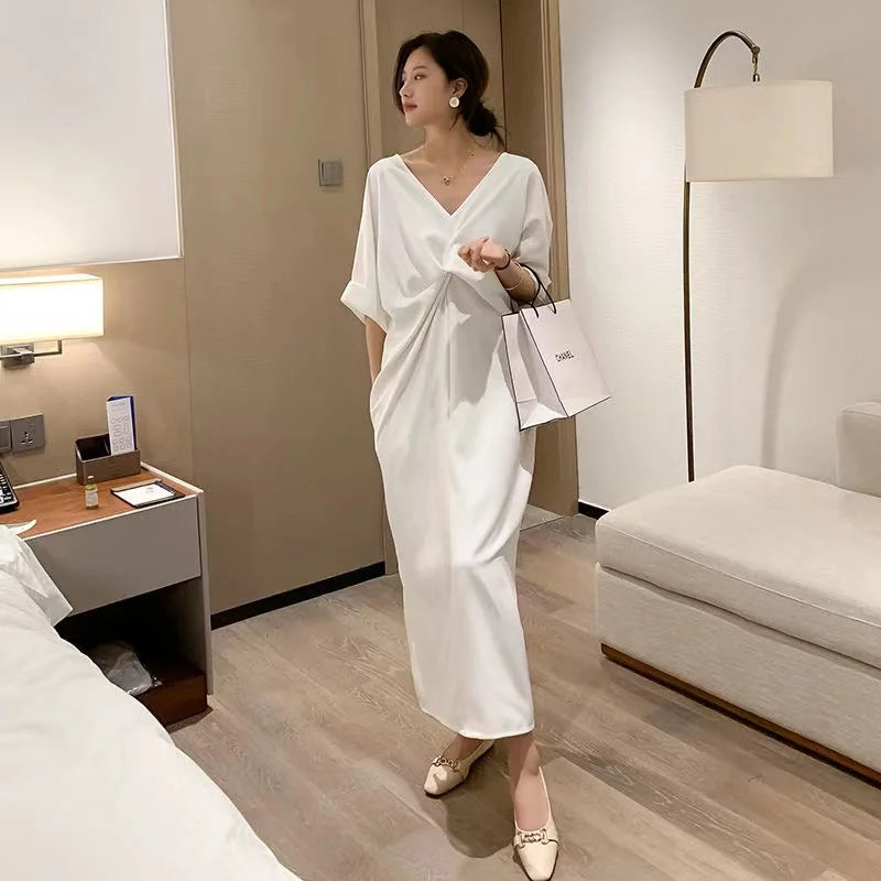 Elegant Long V Neck Plain White Dress