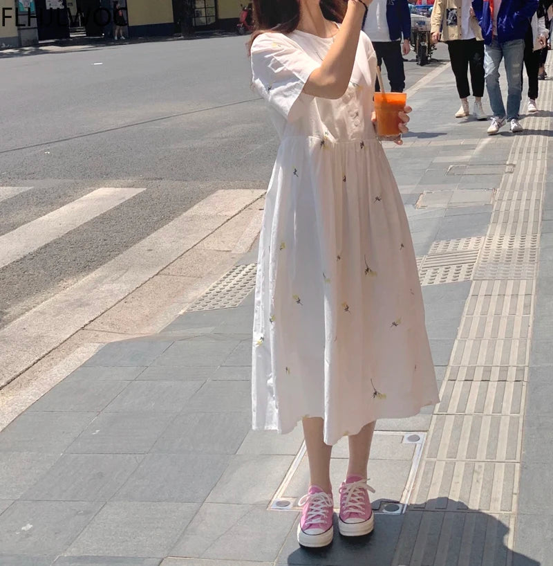 Loose Floral Cute Japanese Style Button Shirt Dress