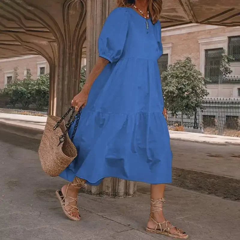 Summer Dress Vintage Lantern Sleeve Mid-Calf Sun Dress