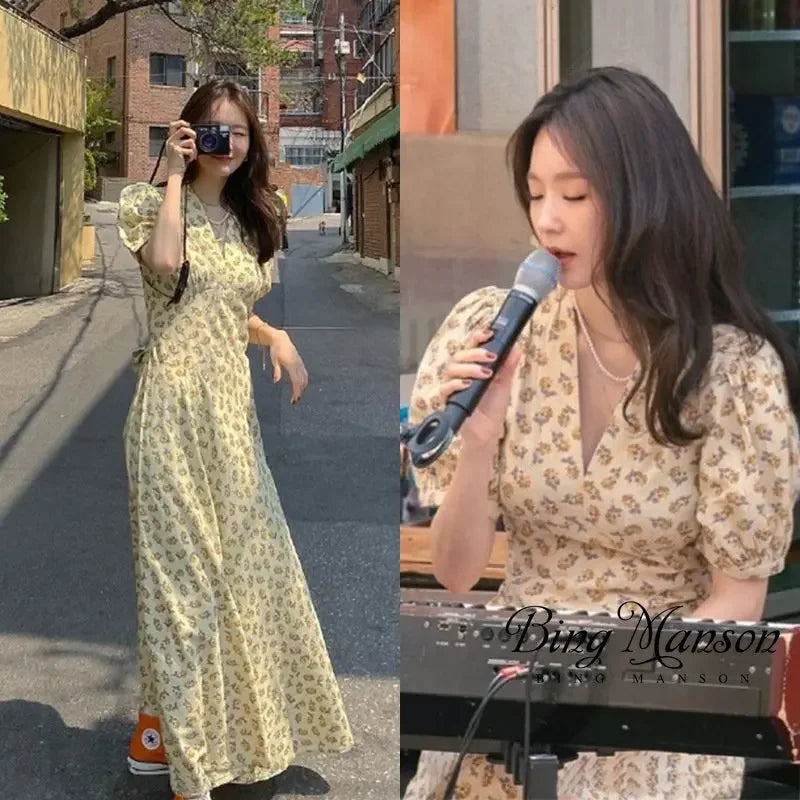 V-neck Print Long Dress High Waist Vintage Summer Dresses