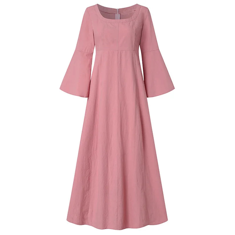 Vintage Loose Woman Long Dress Square Collar Flare Sleeve