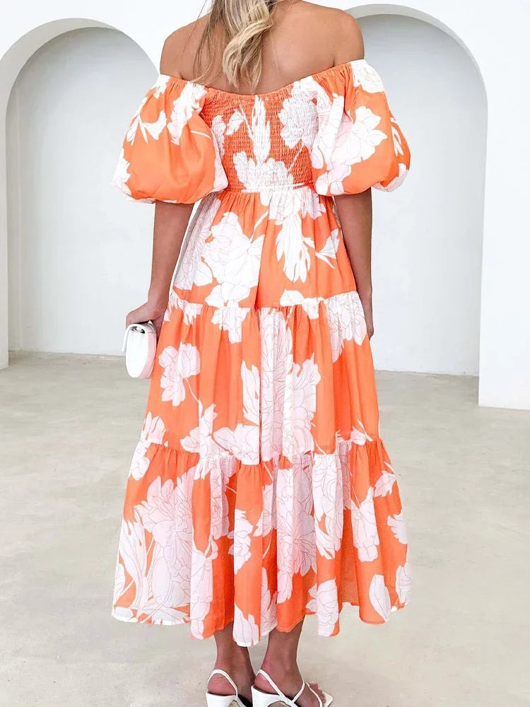Long Dresses Women Off Shoulder Boho Puff Sleeve Dress