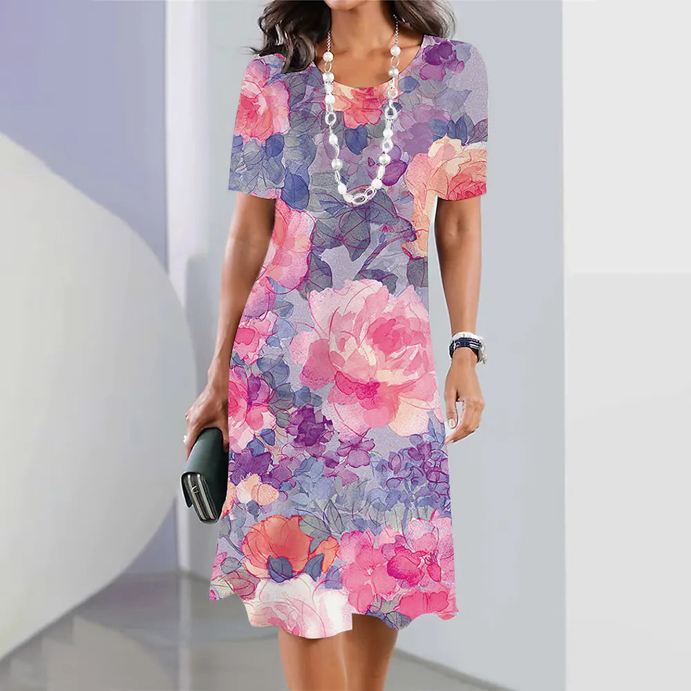 Flower Print Short Sleeve Long Dress