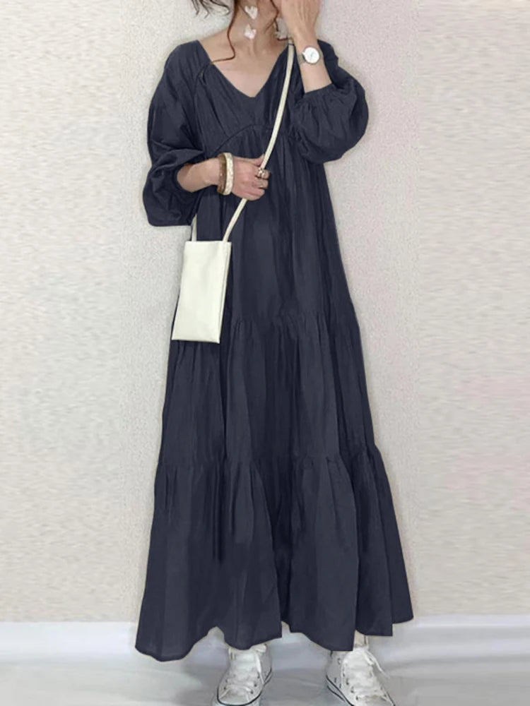 Vintage Ruffle Dress Women's Spring Sundress Casual Puff Sleeve Maxi