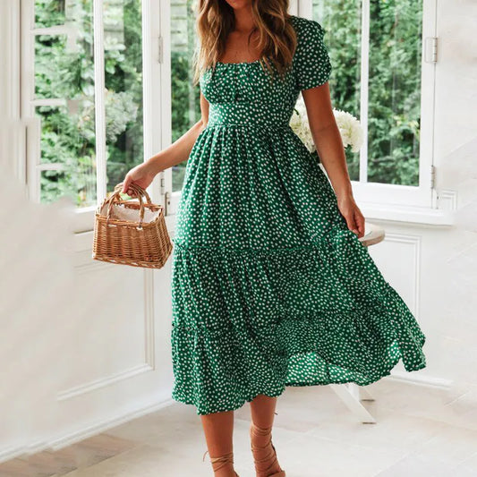 Vintage  Print Puff Sleeve  dresses