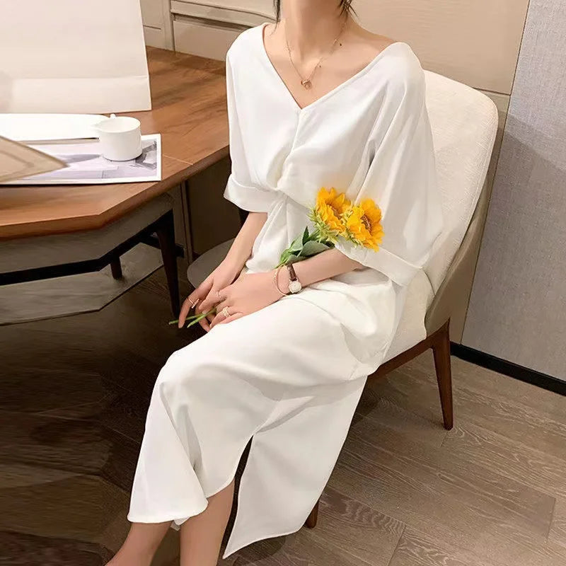 Elegant Long V Neck Plain White Dress