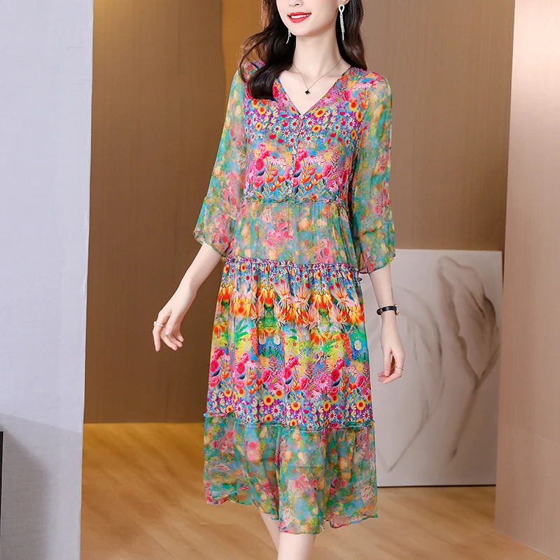 Colorful Floral Long Sun Dress With Buttons