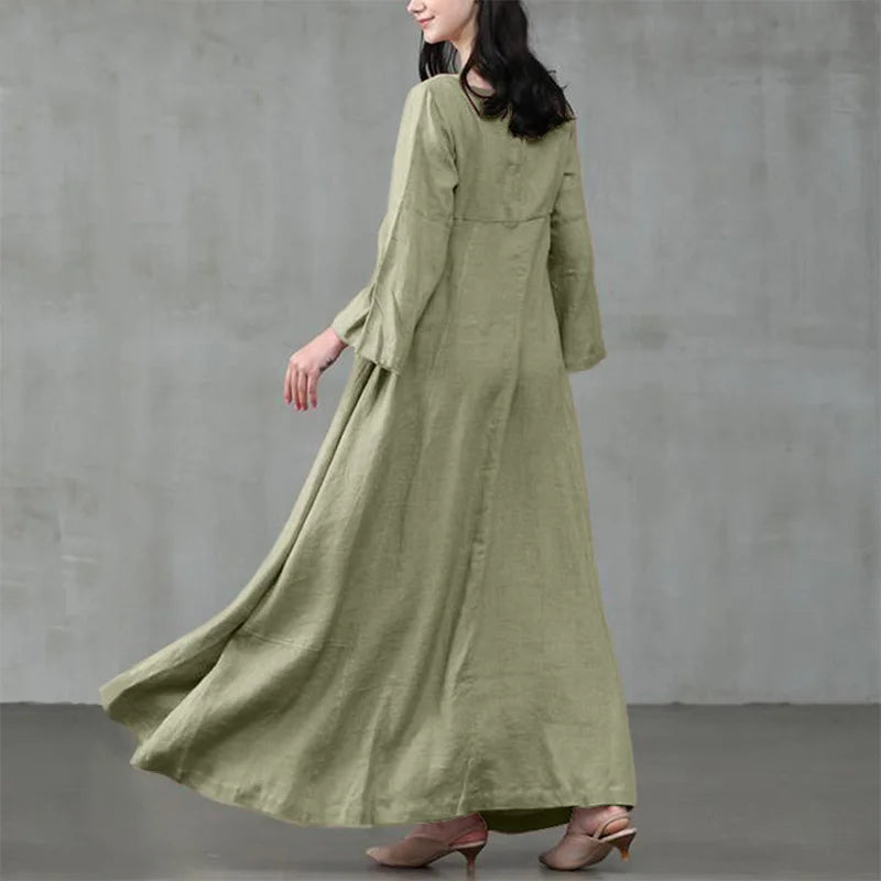 Vintage Loose Woman Long Dress Square Collar Flare Sleeve