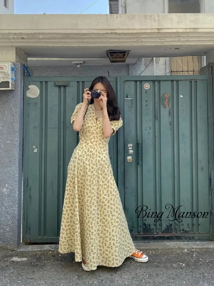V-neck Print Long Dress High Waist Vintage Summer Dresses