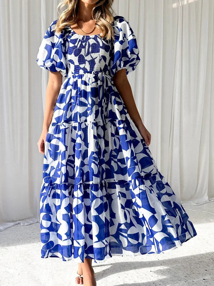 Long Dresses Women Off Shoulder Boho Puff Sleeve Dress