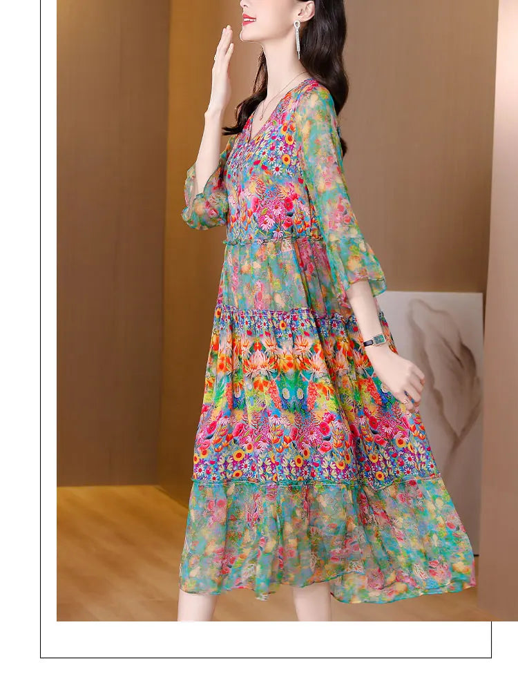 Colorful Floral Long Sun Dress With Buttons