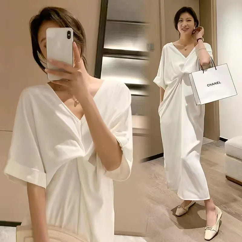 Elegant Long V Neck Plain White Dress