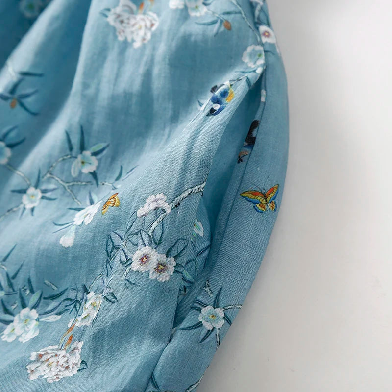 Blue Floral Waist Tie Light Summer Dress