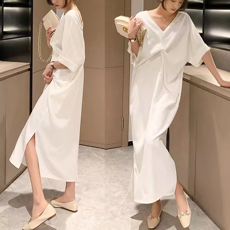 Elegant Long V Neck Plain White Dress