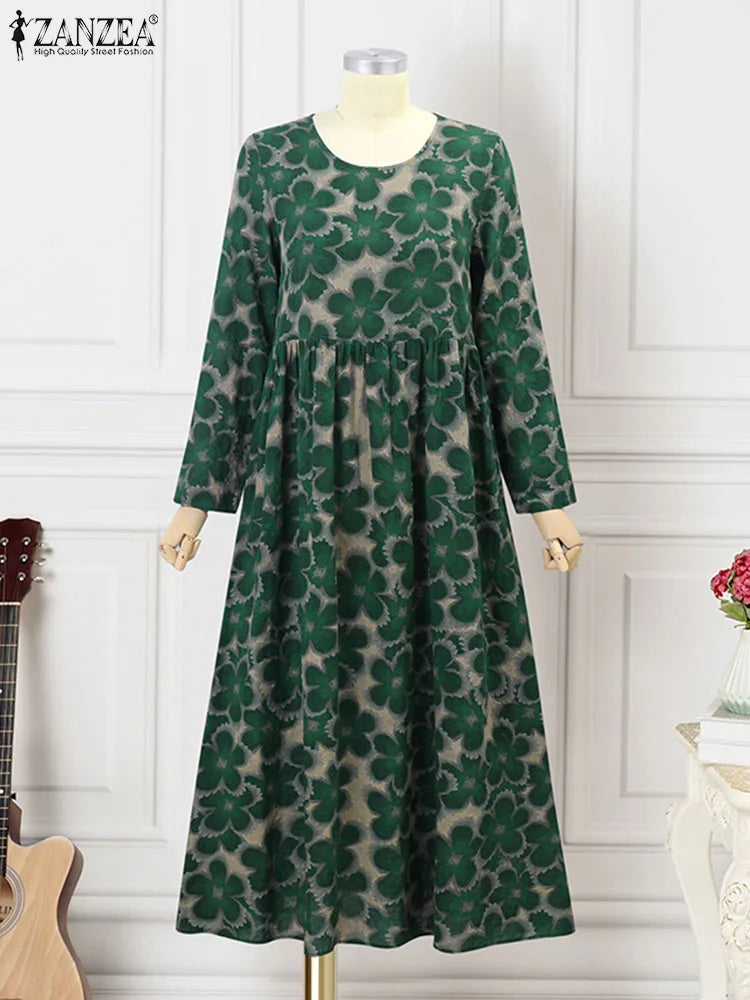 Women Vintage Floral Printed Loose Long Dress