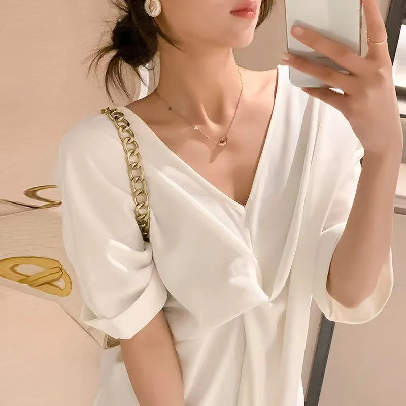 Elegant Long V Neck Plain White Dress