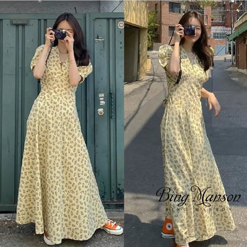 V-neck Print Long Dress High Waist Vintage Summer Dresses