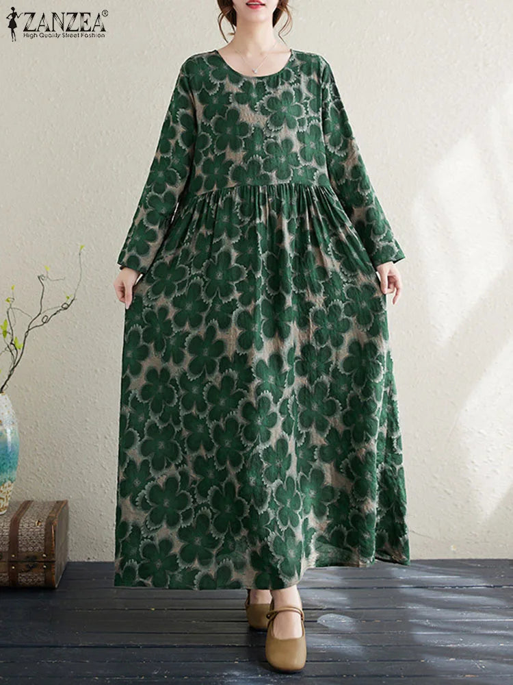 Women Vintage Floral Printed Loose Long Dress