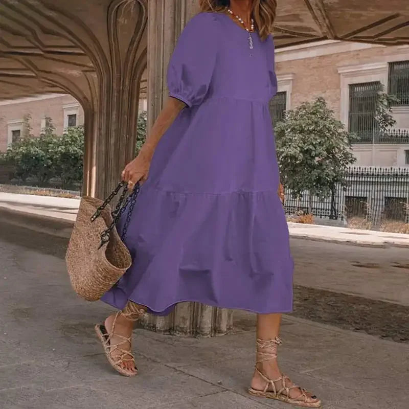 Summer Dress Vintage Lantern Sleeve Mid-Calf Sun Dress