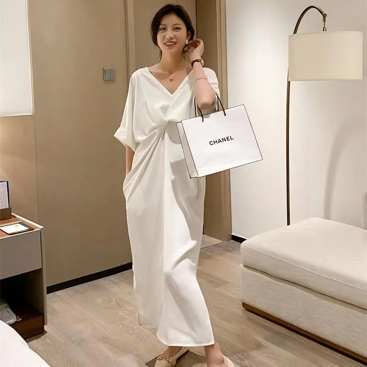 Elegant Long V Neck Plain White Dress