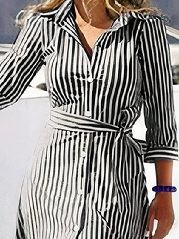 High Waisted Long Sleeves Buttoned Striped Tied Waist V-Neck Maxi Dresses Shirt Dress