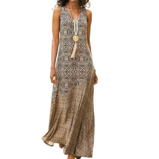 Women Loose Dress Geometric Print V Neck Sleeveless Beach Dress